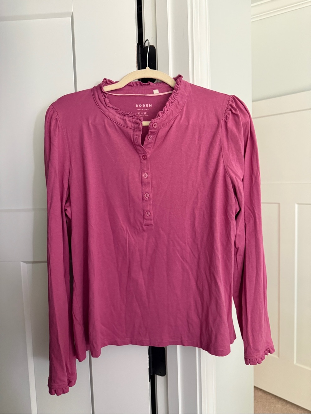Boden Supersoft Frill Henley Top pink long sleeve cotton shirt